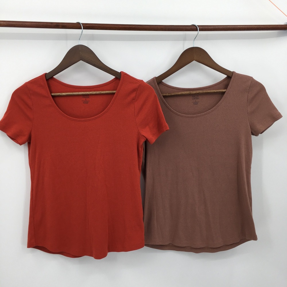 Ribbed Short Sleeve T-Shirt Bundle Womens S Orange Brown Scoop Neck Casual Fall